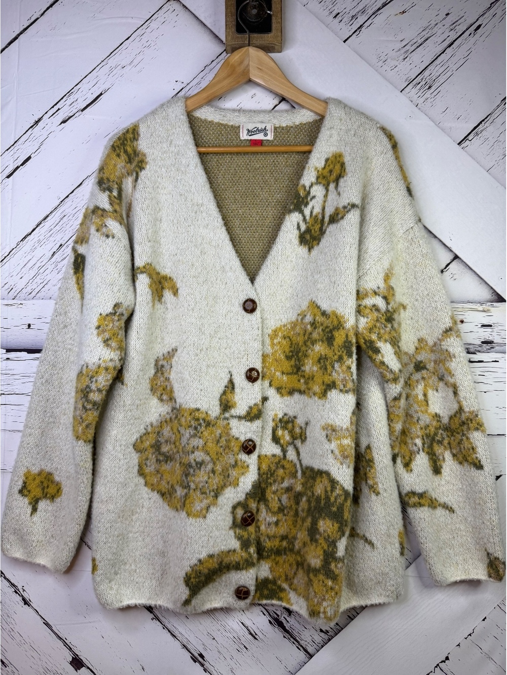 Woolrich Floral Boho Cardigan Sweater Chunky Knit Cottagecore Mustard Women LG